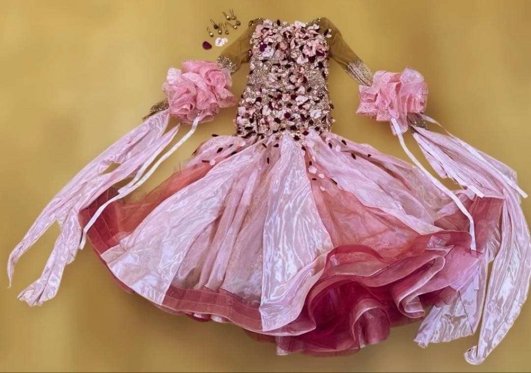 社交ダンスドレス 長袖 スタンダード ピンク フラワー装飾