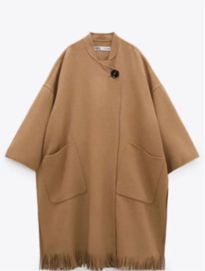 ZARA フリンジ ウールブレンドケープコート アイボリー Ｍ