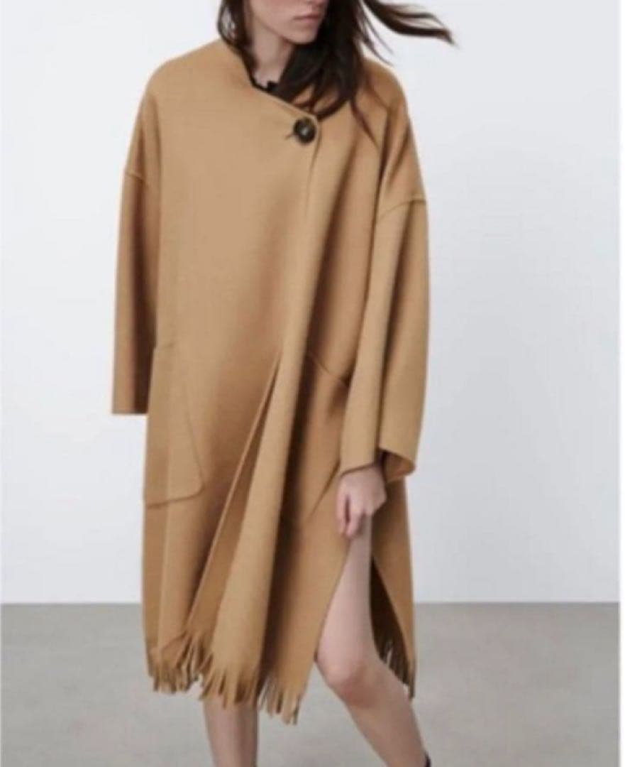 ZARA フリンジ ウールブレンドケープコート アイボリー Ｍ