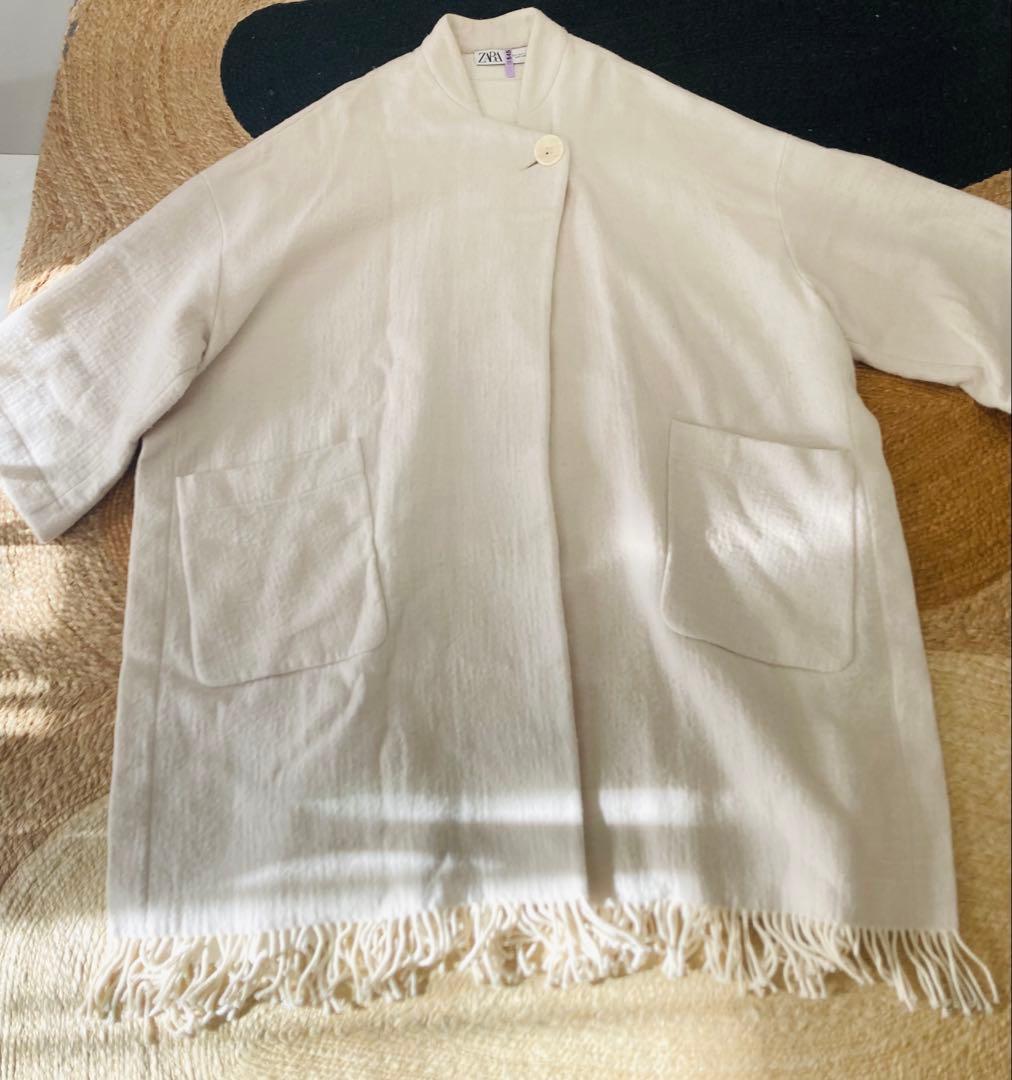 ZARA フリンジ ウールブレンドケープコート アイボリー Ｍ