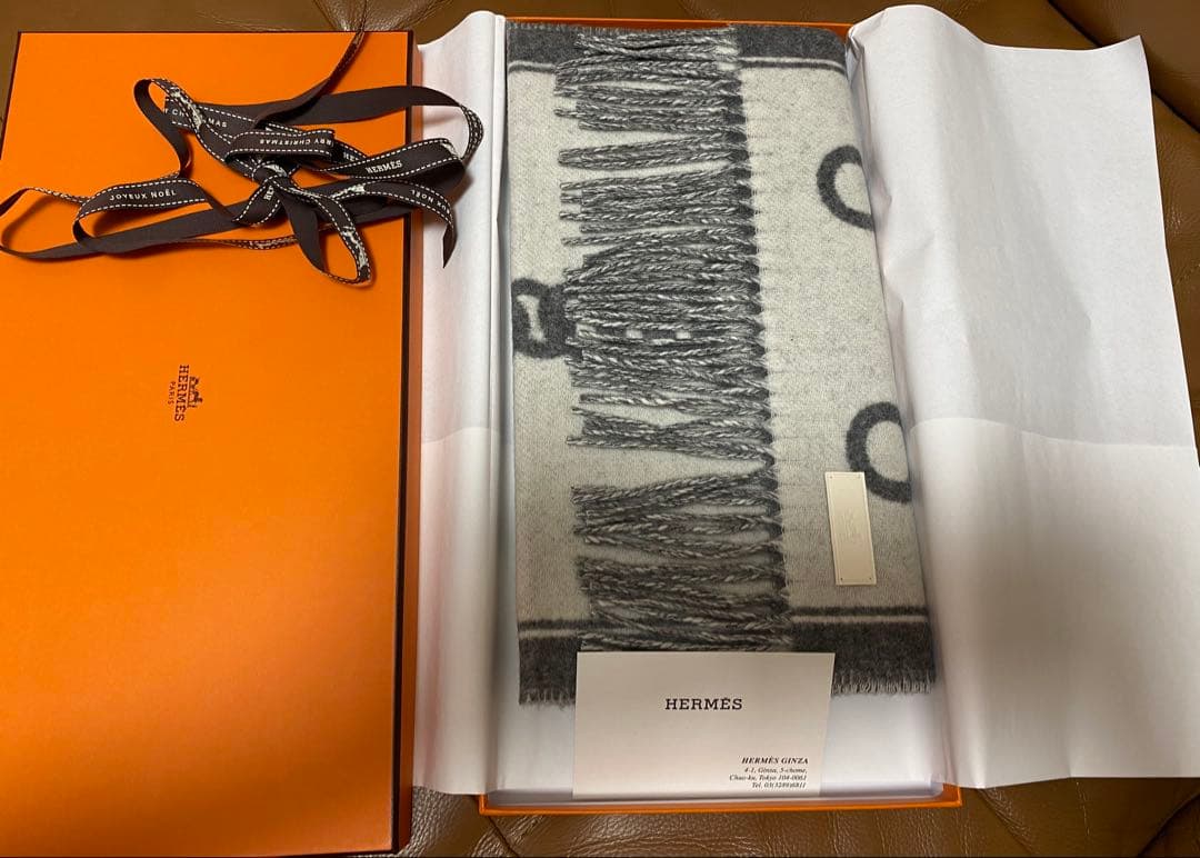 新品エルメス マフラー モール　フランネルグレー