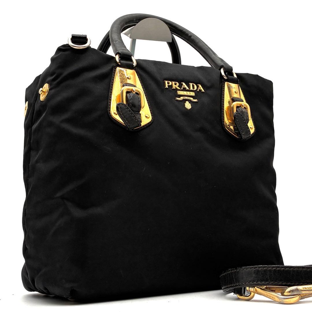 正規品 プラダ 2way ショルダーバッグ ゴールドロゴ ベルト 白タグ 黒