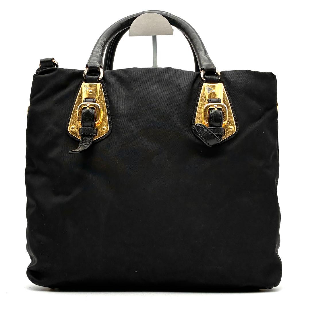 正規品 プラダ 2way ショルダーバッグ ゴールドロゴ ベルト 白タグ 黒