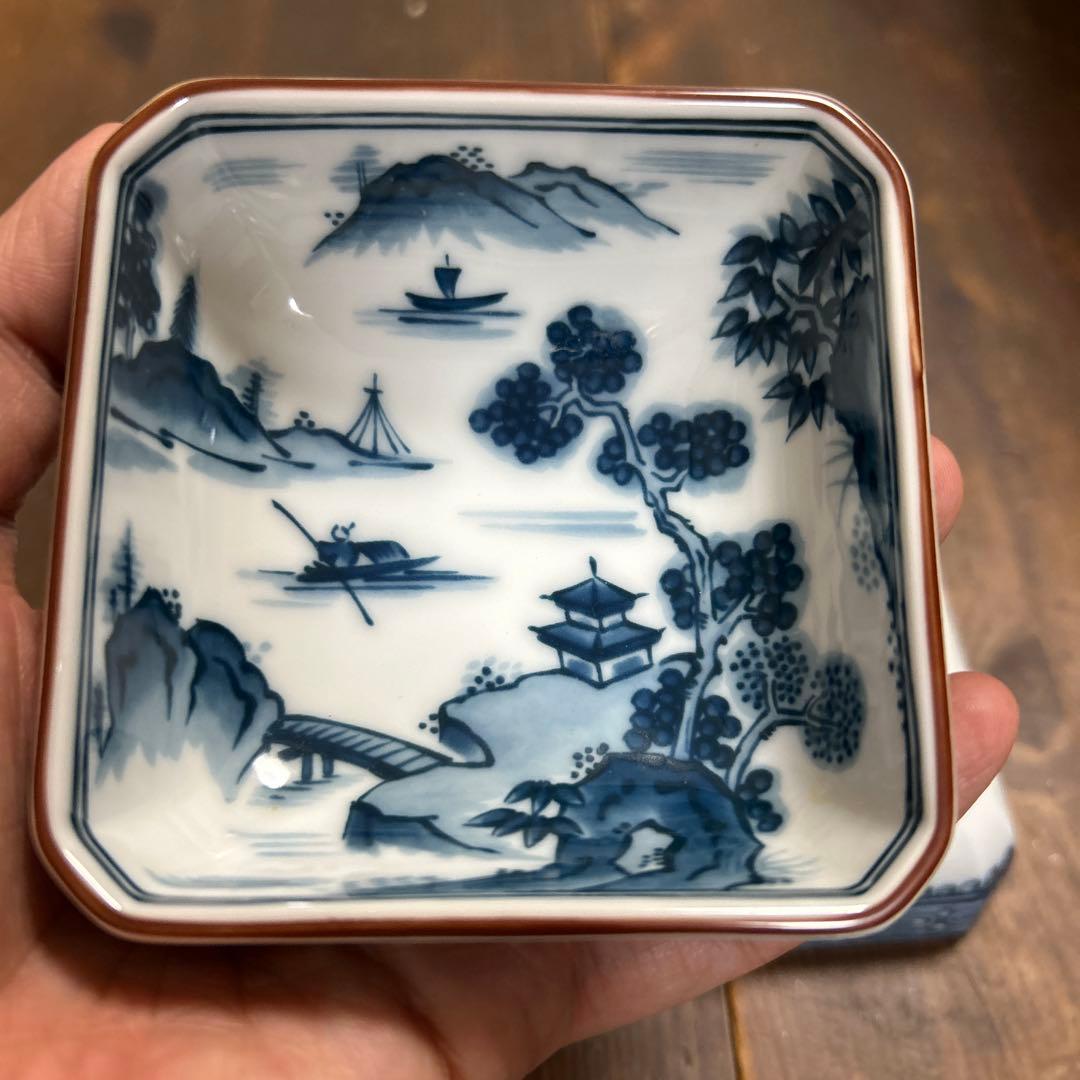前畑陶器　庫山窯　染付山水画　角皿揃　八角皿　小皿5枚　銘々皿5枚　②
