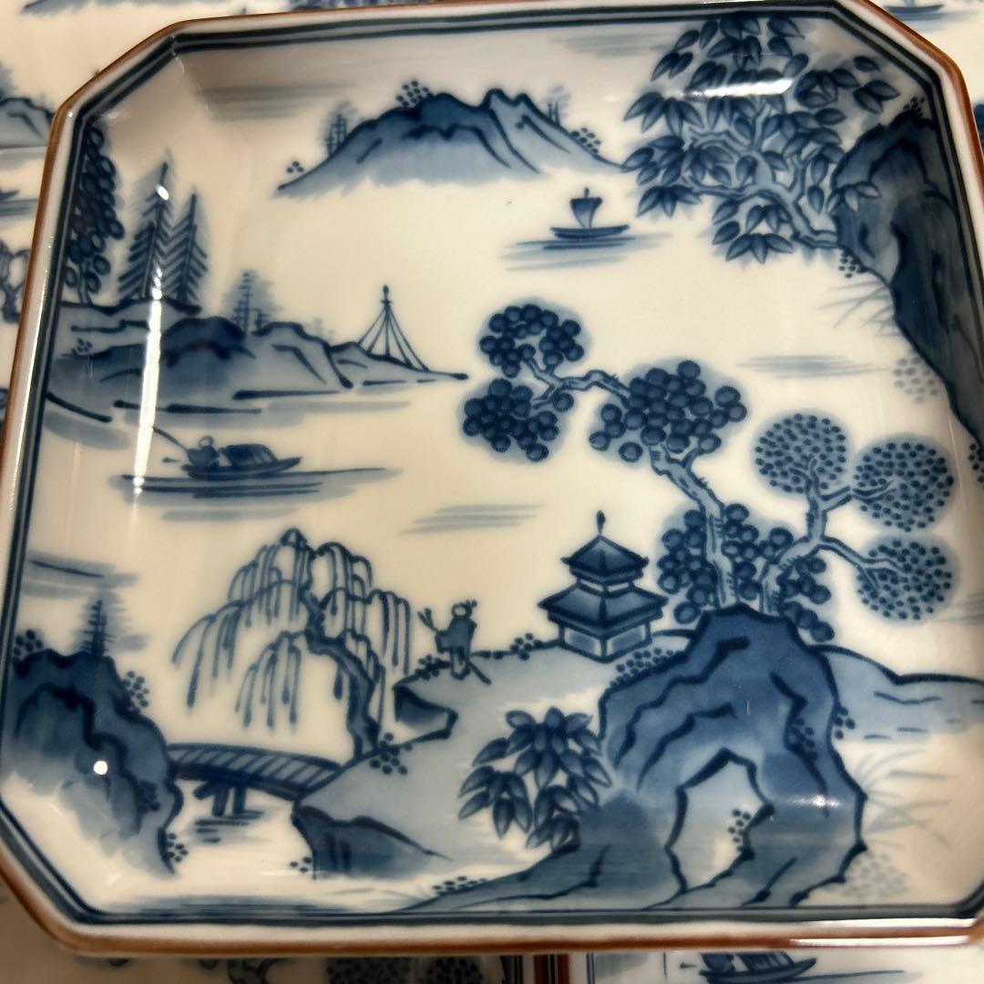 前畑陶器　庫山窯　染付山水画　角皿揃　八角皿　小皿5枚　銘々皿5枚　②
