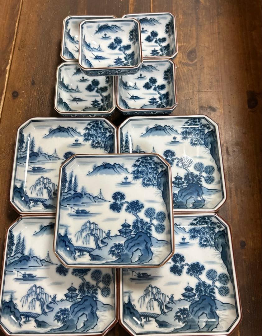 前畑陶器　庫山窯　染付山水画　角皿揃　八角皿　小皿5枚　銘々皿5枚　②