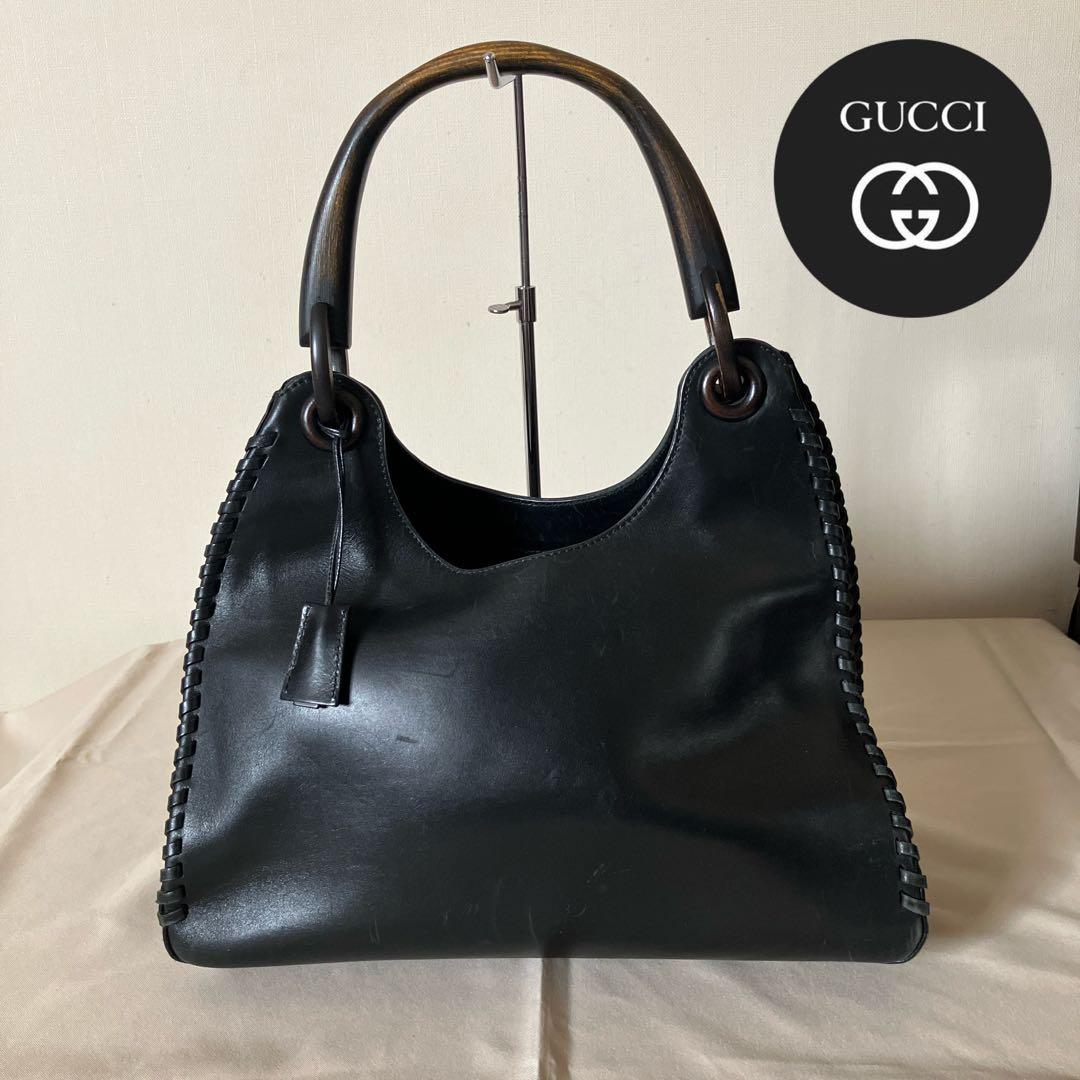 GUCCI 牛革&天然木 マットブラックのワンショルダーバッグ