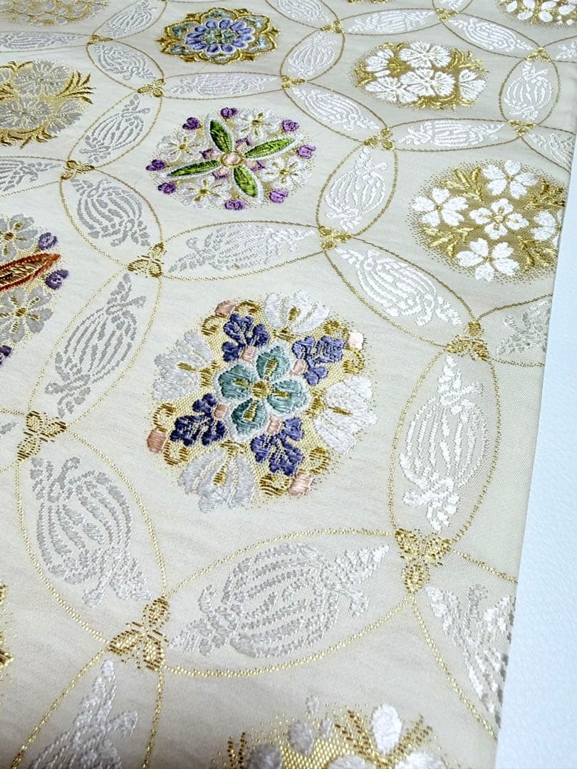 高級 袋帯 正絹 六通柄 七宝柄 ホワイト シルバー 唐織 訪問着