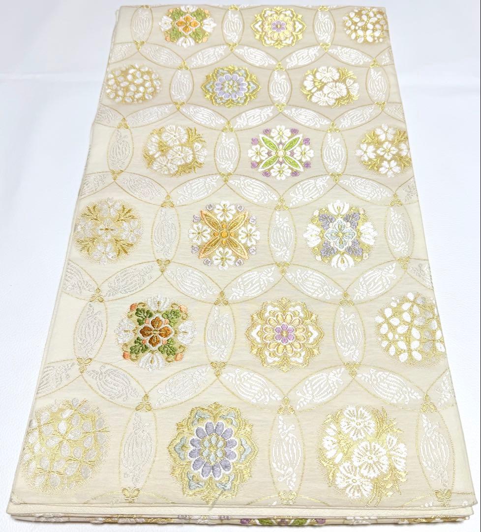 高級 袋帯 正絹 六通柄 七宝柄 ホワイト シルバー 唐織 訪問着