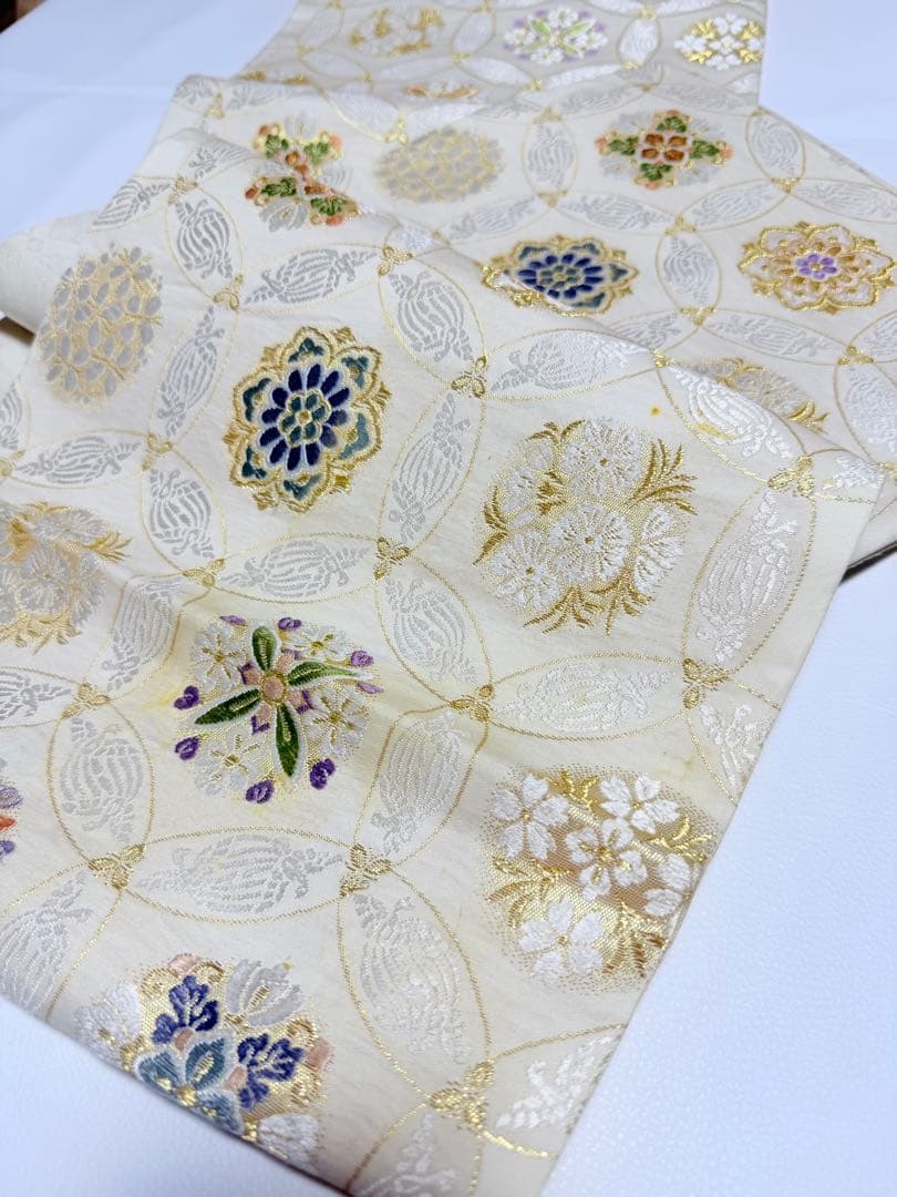 高級 袋帯 正絹 六通柄 七宝柄 ホワイト シルバー 唐織 訪問着