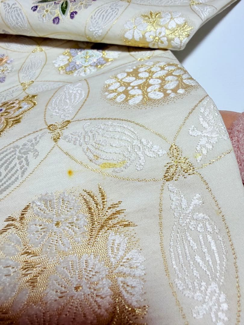 高級 袋帯 正絹 六通柄 七宝柄 ホワイト シルバー 唐織 訪問着