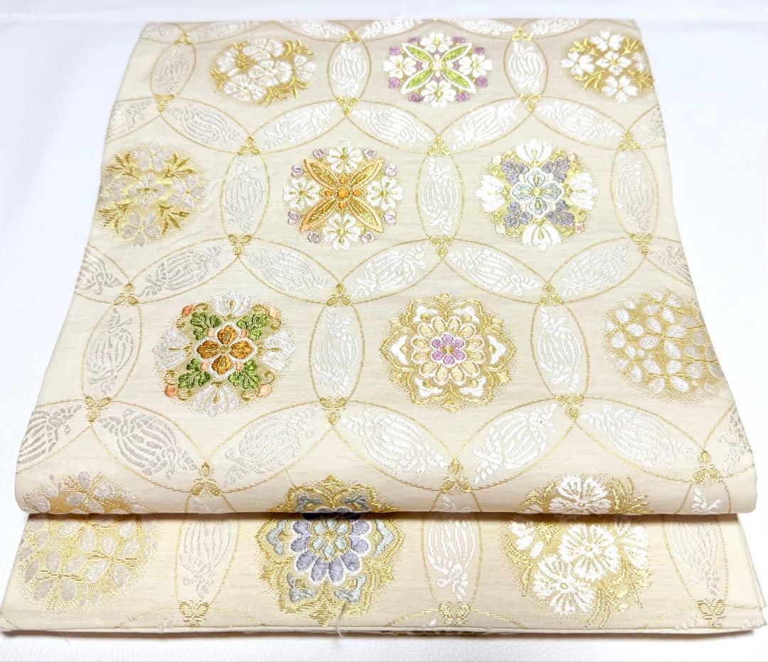 高級 袋帯 正絹 六通柄 七宝柄 ホワイト シルバー 唐織 訪問着