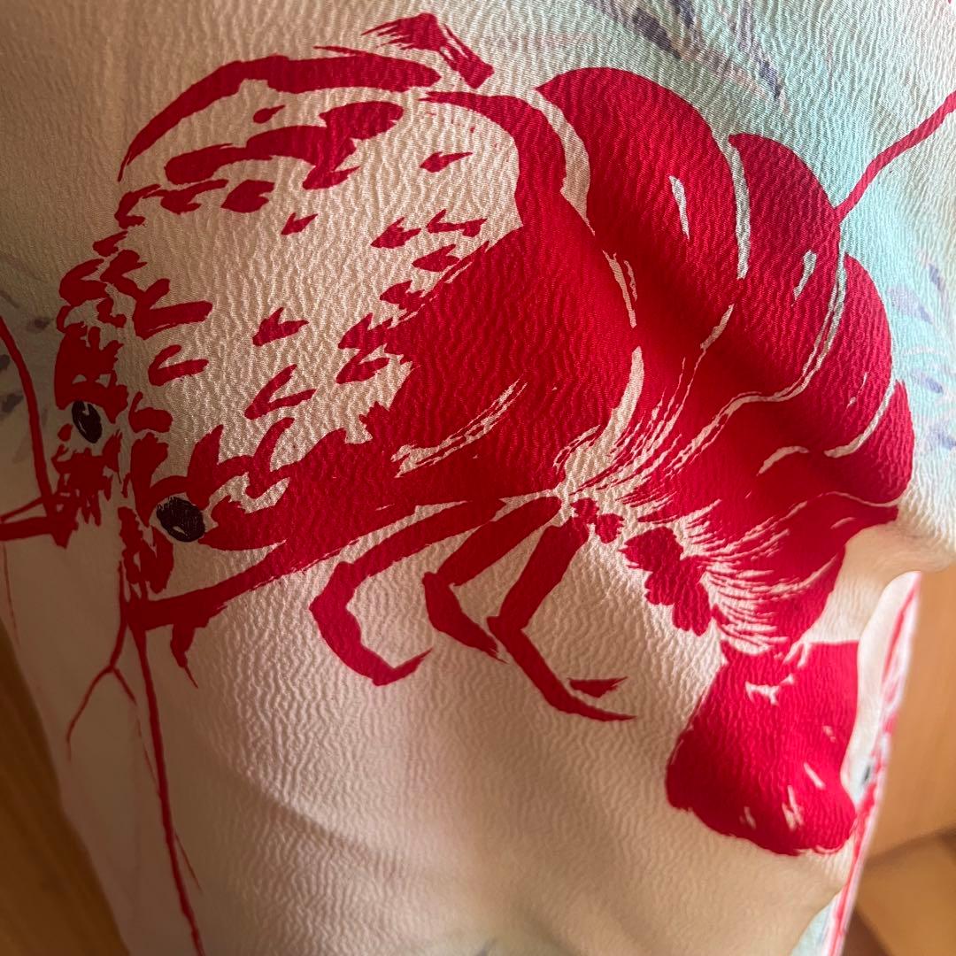 5903◆アンティーク長襦袢単衣赤伊勢海老大胆でポップな意匠時代古裂コレクターズ