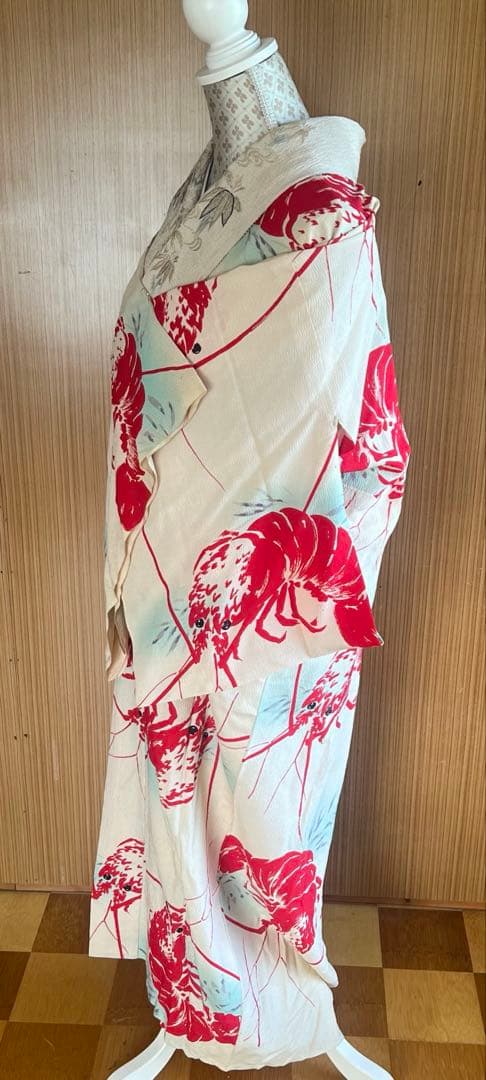 5903◆アンティーク長襦袢単衣赤伊勢海老大胆でポップな意匠時代古裂コレクターズ