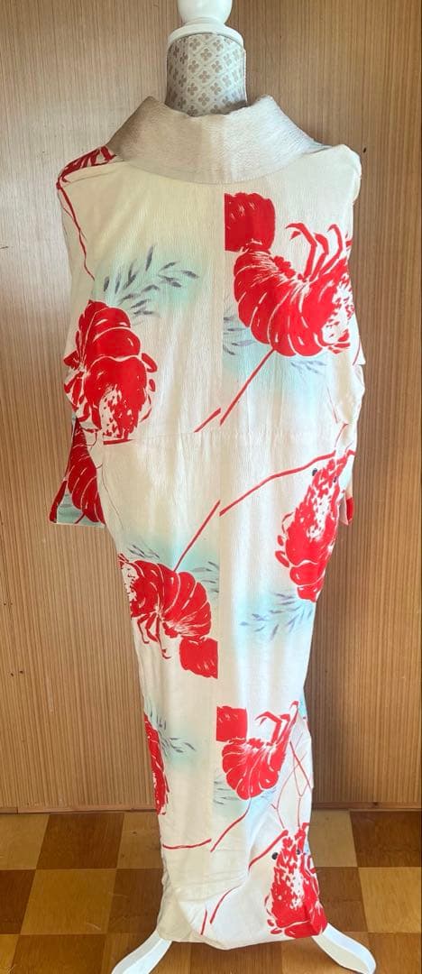 5903◆アンティーク長襦袢単衣赤伊勢海老大胆でポップな意匠時代古裂コレクターズ