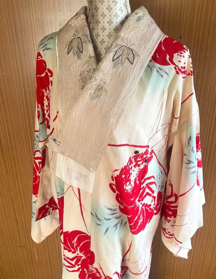 5903◆アンティーク長襦袢単衣赤伊勢海老大胆でポップな意匠時代古裂コレクターズ
