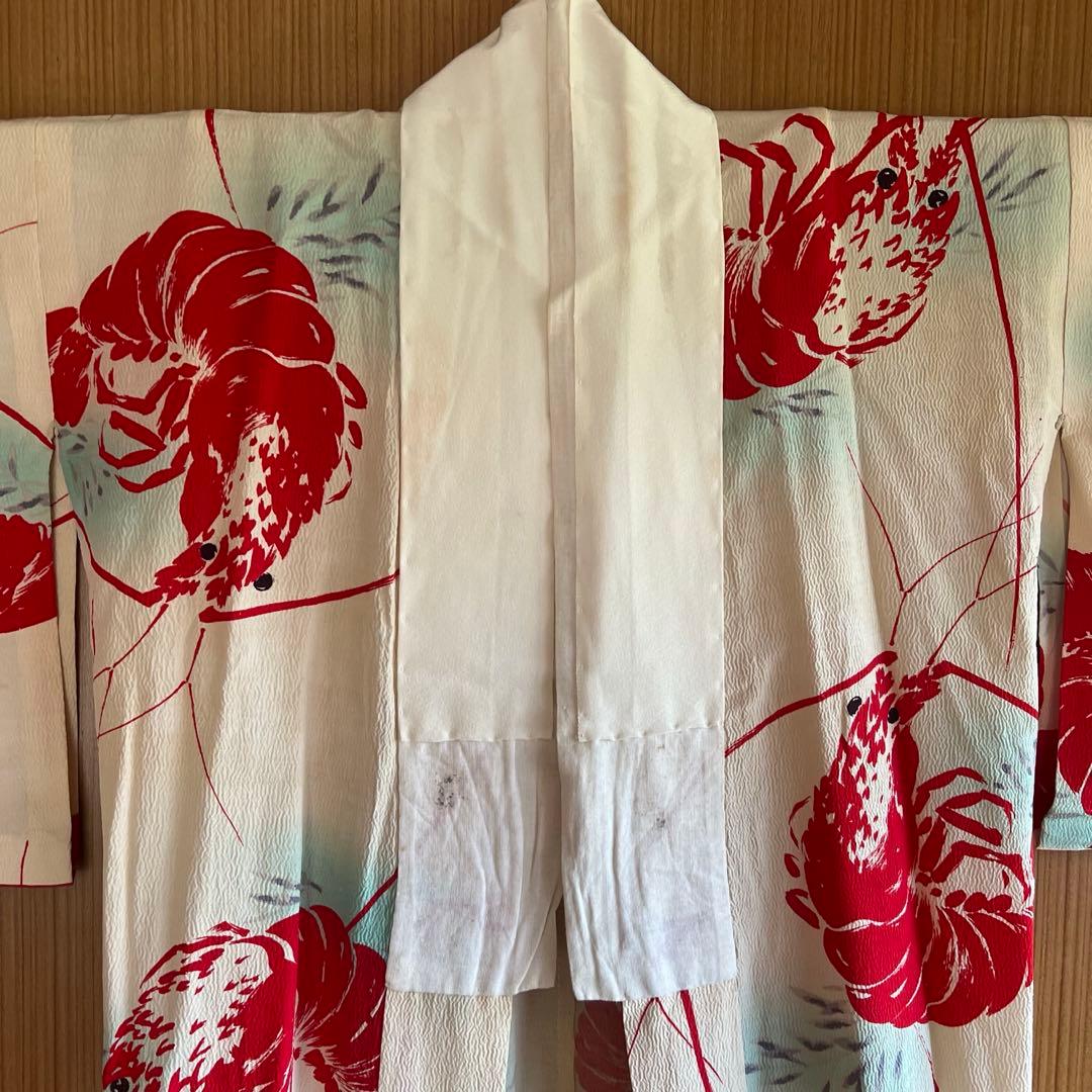 5903◆アンティーク長襦袢単衣赤伊勢海老大胆でポップな意匠時代古裂コレクターズ