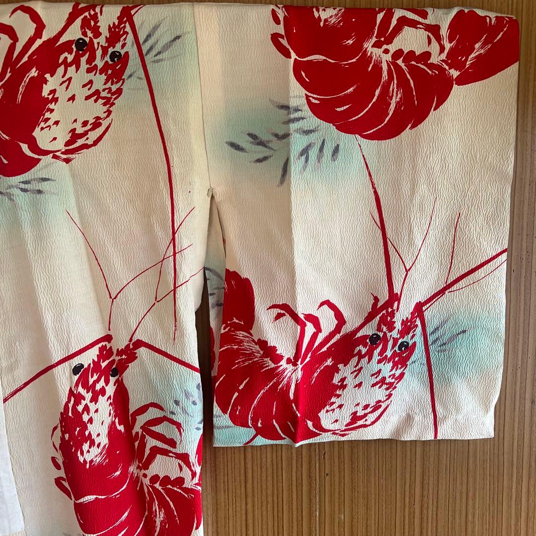 5903◆アンティーク長襦袢単衣赤伊勢海老大胆でポップな意匠時代古裂コレクターズ