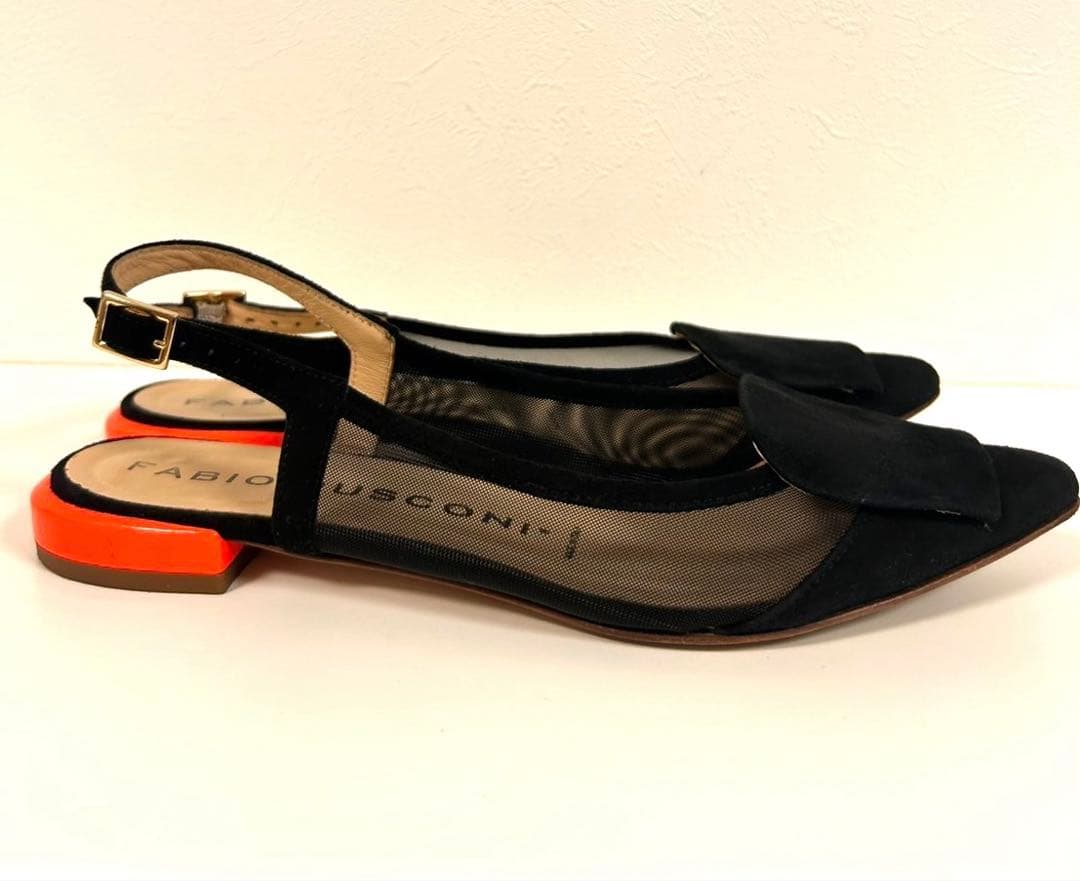 FABIO RUSCONI ネオンオレンジ　バックストラップスエードパンプス