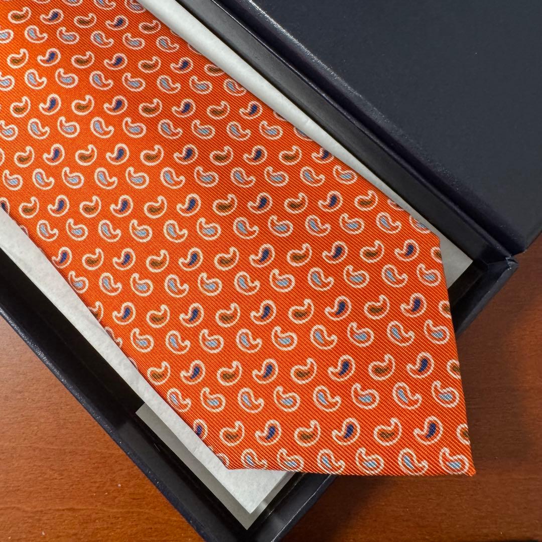 未使用 定価4.4万 E.マリネッラ セッテピエゲ ペイズリー小紋タイ オレンジ