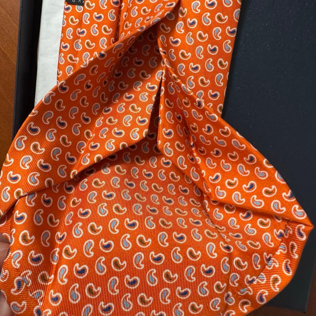 未使用 定価4.4万 E.マリネッラ セッテピエゲ ペイズリー小紋タイ オレンジ