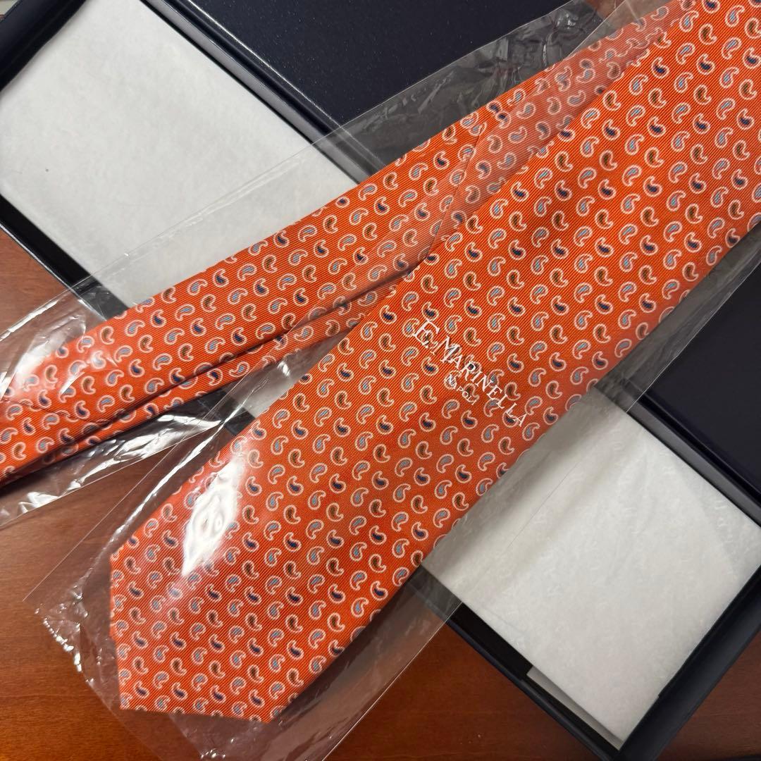 未使用 定価4.4万 E.マリネッラ セッテピエゲ ペイズリー小紋タイ オレンジ