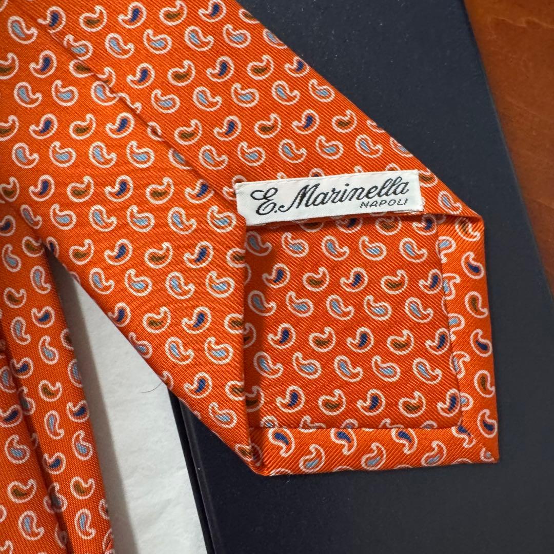 未使用 定価4.4万 E.マリネッラ セッテピエゲ ペイズリー小紋タイ オレンジ