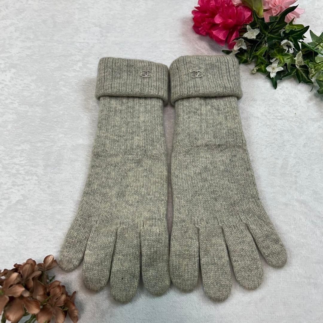 I522 美品 シャネル カシミヤ 手袋 グレー レディース
