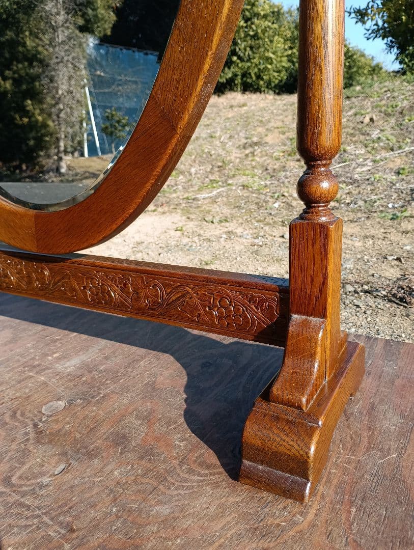 ヴィンテージ　イギリス　姿見　大型　オーバル　手彫り　オーク　スタンド　ミラー