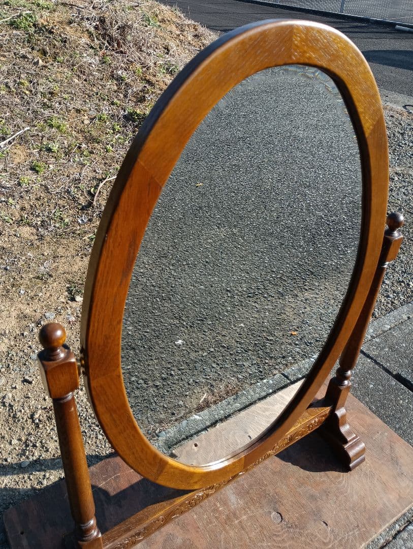ヴィンテージ　イギリス　姿見　大型　オーバル　手彫り　オーク　スタンド　ミラー