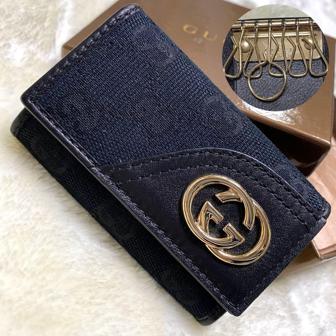 新品箱付き✨グッチ　6連キーケース GGキャンバス総柄インターロッキング黒レザー
