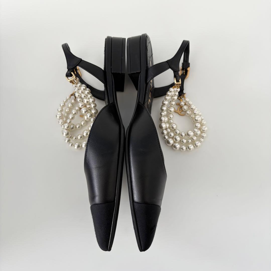 CHANEL シャネル ココマーク 装飾 パールスリングバック フラットシューズ