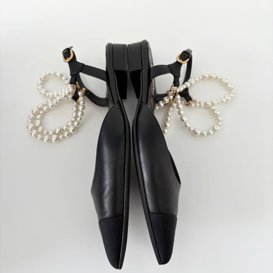 CHANEL シャネル ココマーク 装飾 パールスリングバック フラットシューズ