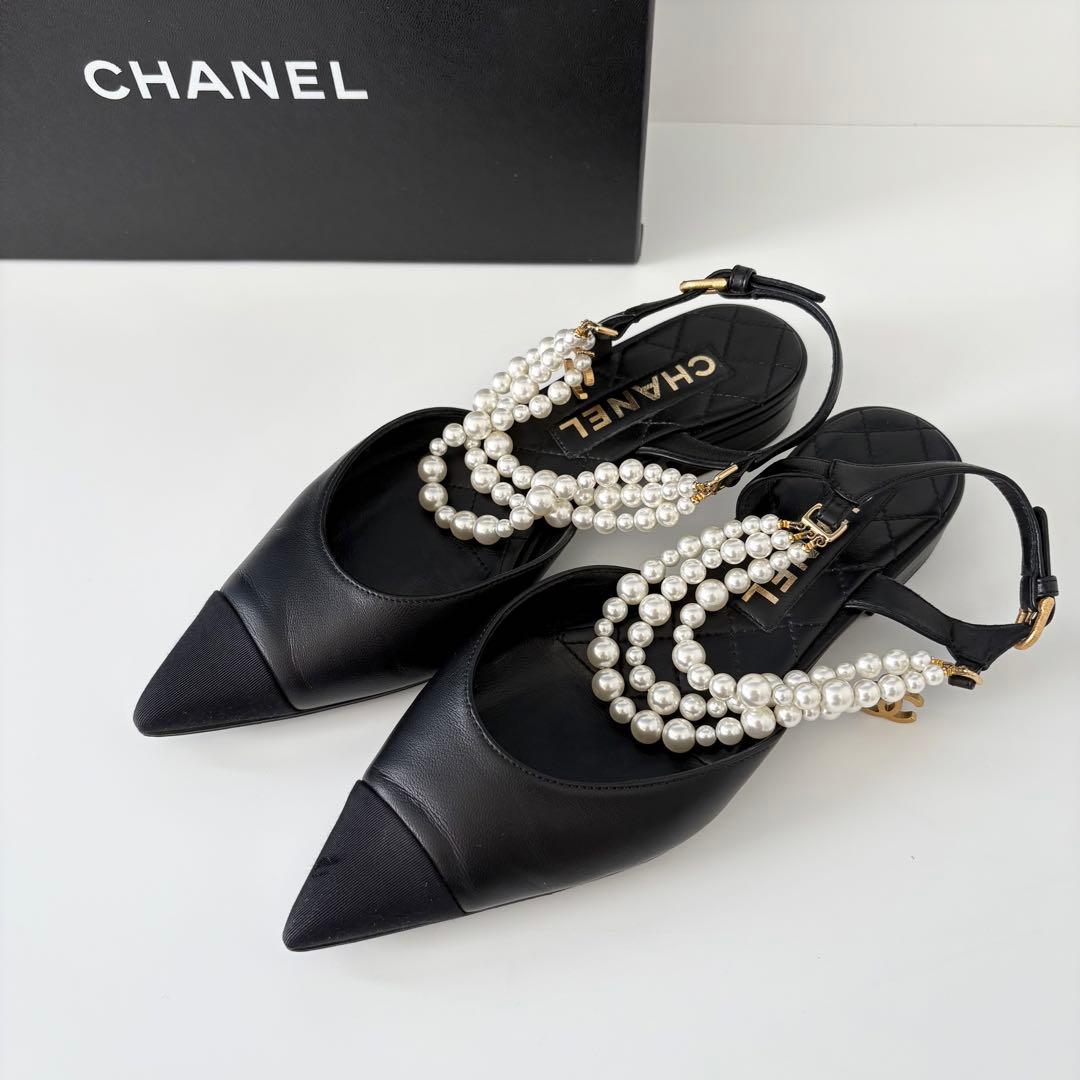 CHANEL シャネル ココマーク 装飾 パールスリングバック フラットシューズ