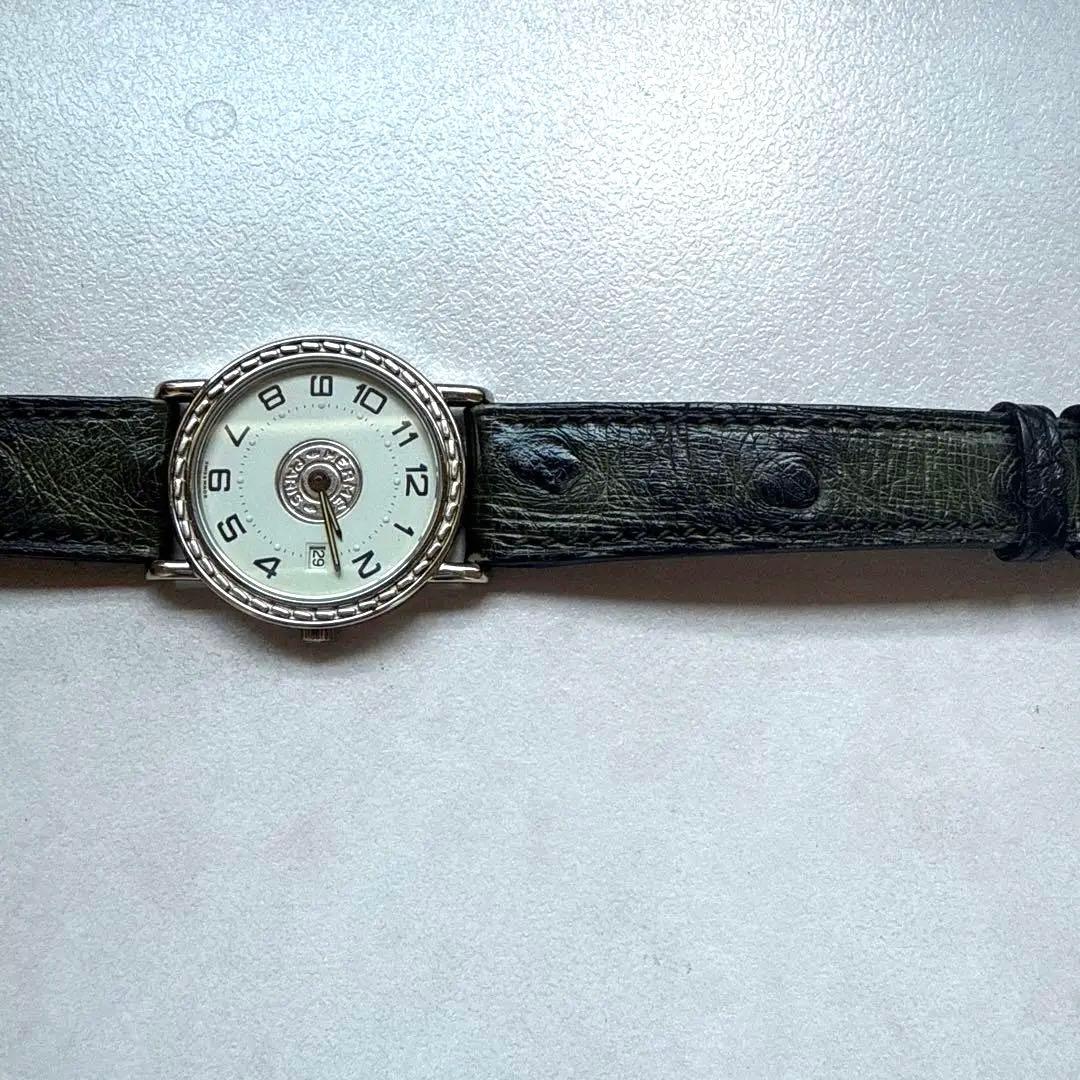 希少【未使用にちかい】エルメスセリエ 腕時計 オーストリッチ　革ベルト　稼働品