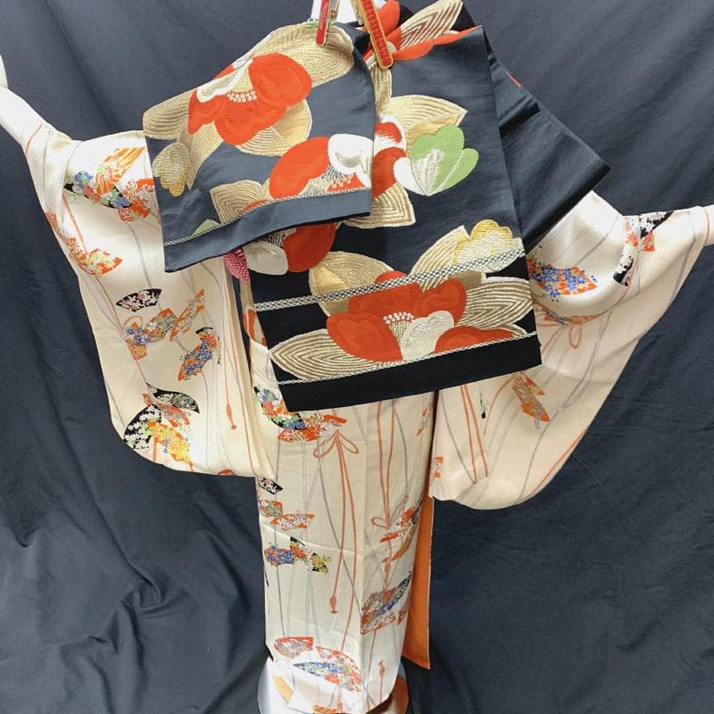 508aj28■ジュニア着物 小紋 十三参り 卒業式 縮緬 扇 ■状態良好