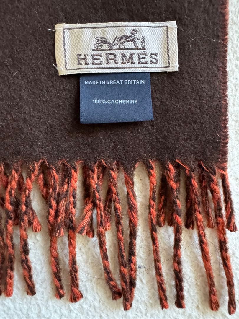 HERMESエルメス ダブルフェイスカシミアフリンジマフラー ブラウン×オレンジ