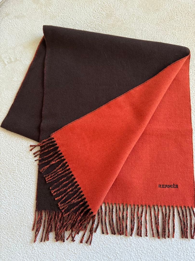 HERMESエルメス ダブルフェイスカシミアフリンジマフラー ブラウン×オレンジ