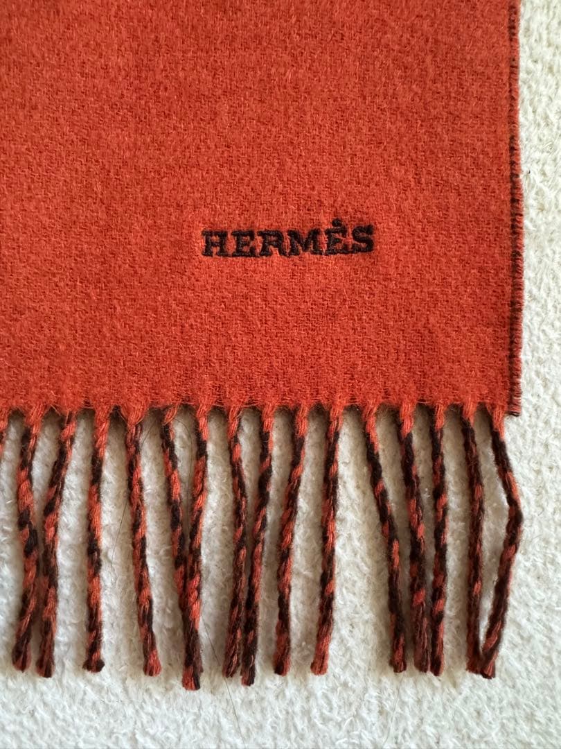 HERMESエルメス ダブルフェイスカシミアフリンジマフラー ブラウン×オレンジ