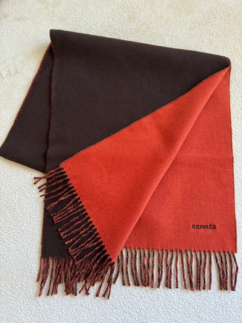 HERMESエルメス ダブルフェイスカシミアフリンジマフラー ブラウン×オレンジ