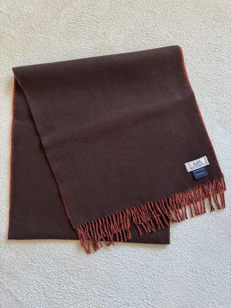 HERMESエルメス ダブルフェイスカシミアフリンジマフラー ブラウン×オレンジ