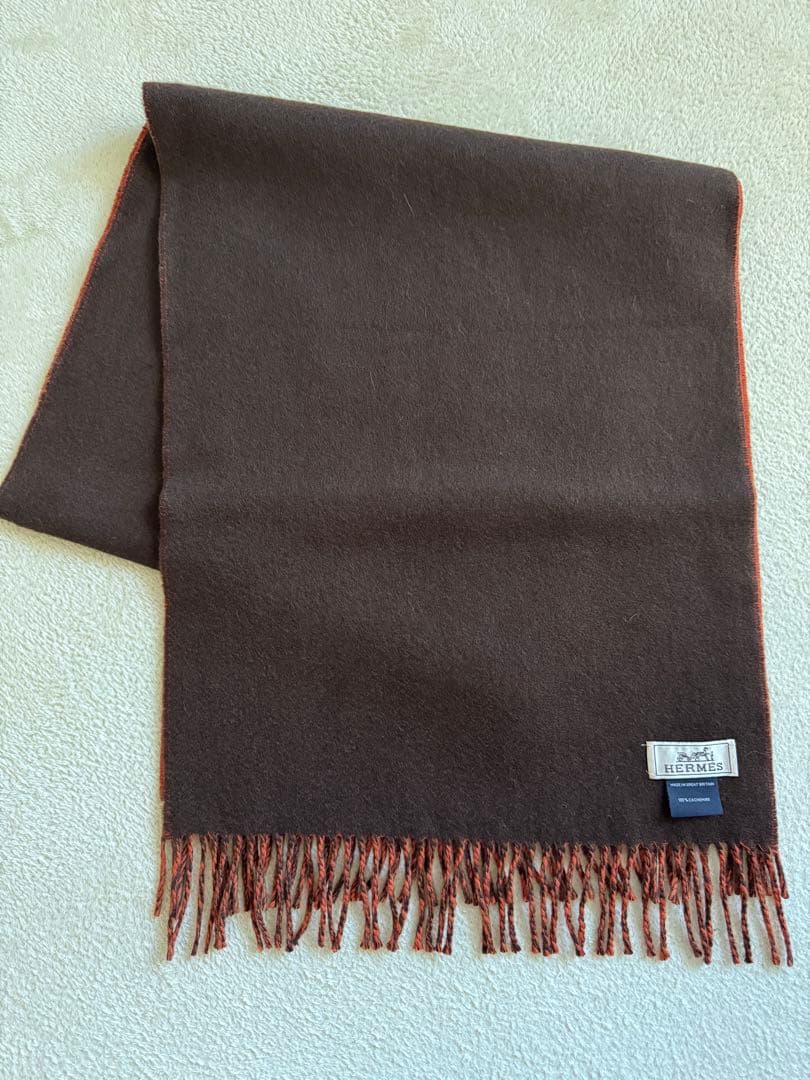 HERMESエルメス ダブルフェイスカシミアフリンジマフラー ブラウン×オレンジ