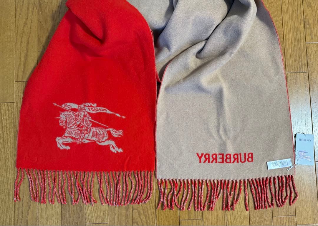 未使用品　BURBERRY カシミヤ　リバーシブル　ストール　レッド ベージュ