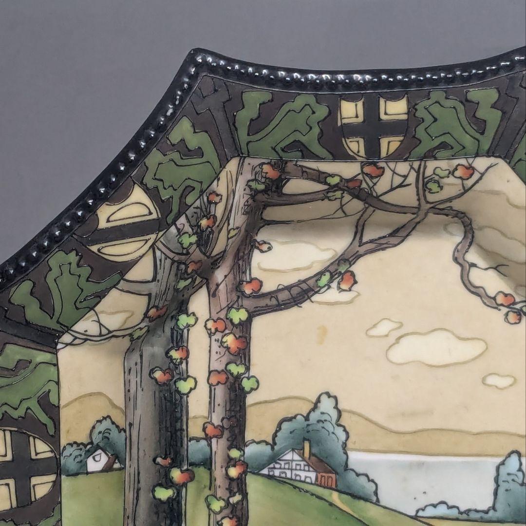 初期オールドノリタケ・一陳盛上ウッドランド風景紋図飾り皿　ヘキサゴン　鉢　ボウル