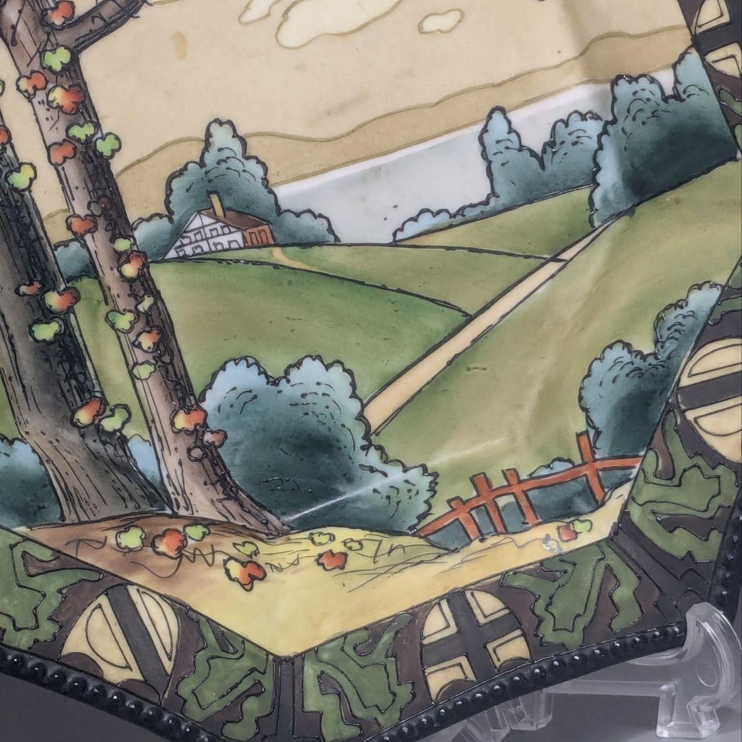 初期オールドノリタケ・一陳盛上ウッドランド風景紋図飾り皿　ヘキサゴン　鉢　ボウル