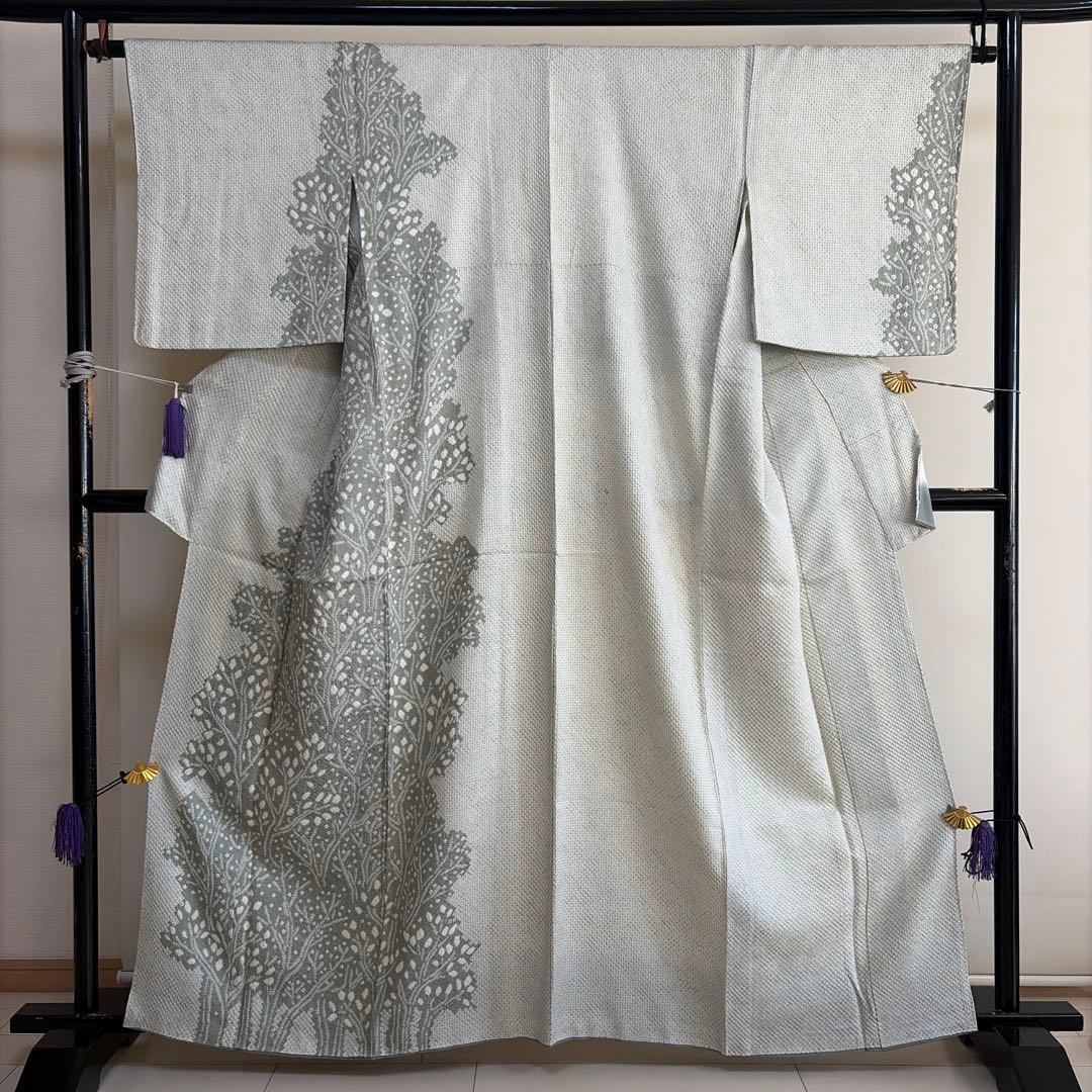 や*ん様 ■E5812■未使用品■正絹■柳鼠色　総絞り　木立柄　袷　訪問着■丈1