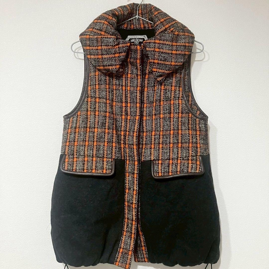 マーレンダム (40) ダウンベスト チェック柄 ウール混 キルティング なか綿
