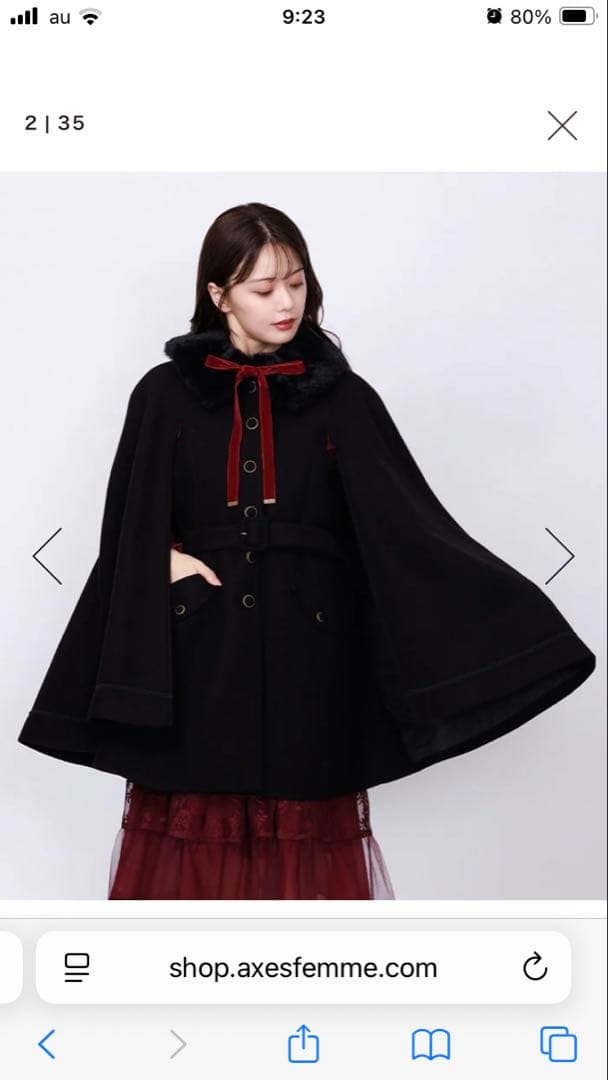 axes femme ファー襟付きケープコート 黒　ポンチョ　アクシーズファム