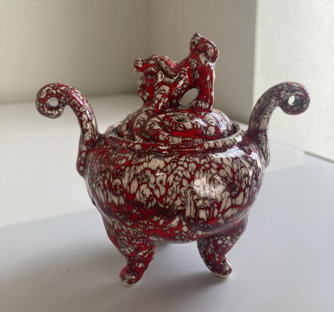 陶芸　箕面焼　二代松田箕山　獅子付き　耳付き　三ツ足香炉　香道具　茶道具