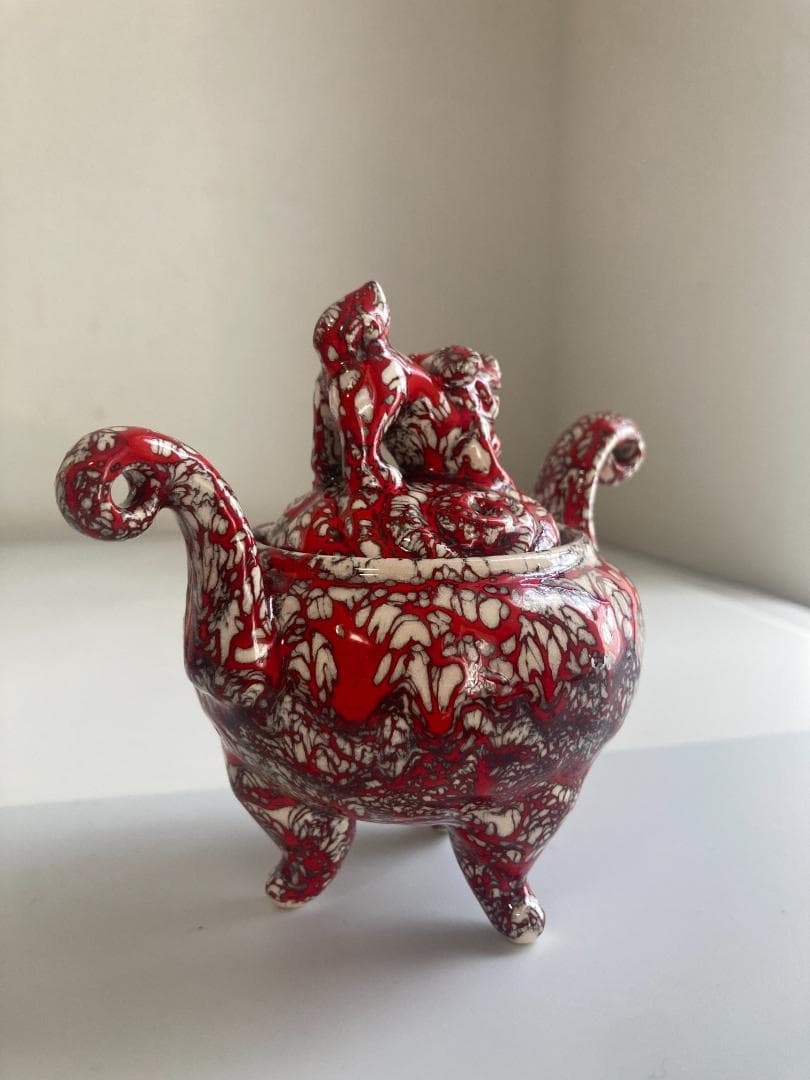 陶芸　箕面焼　二代松田箕山　獅子付き　耳付き　三ツ足香炉　香道具　茶道具